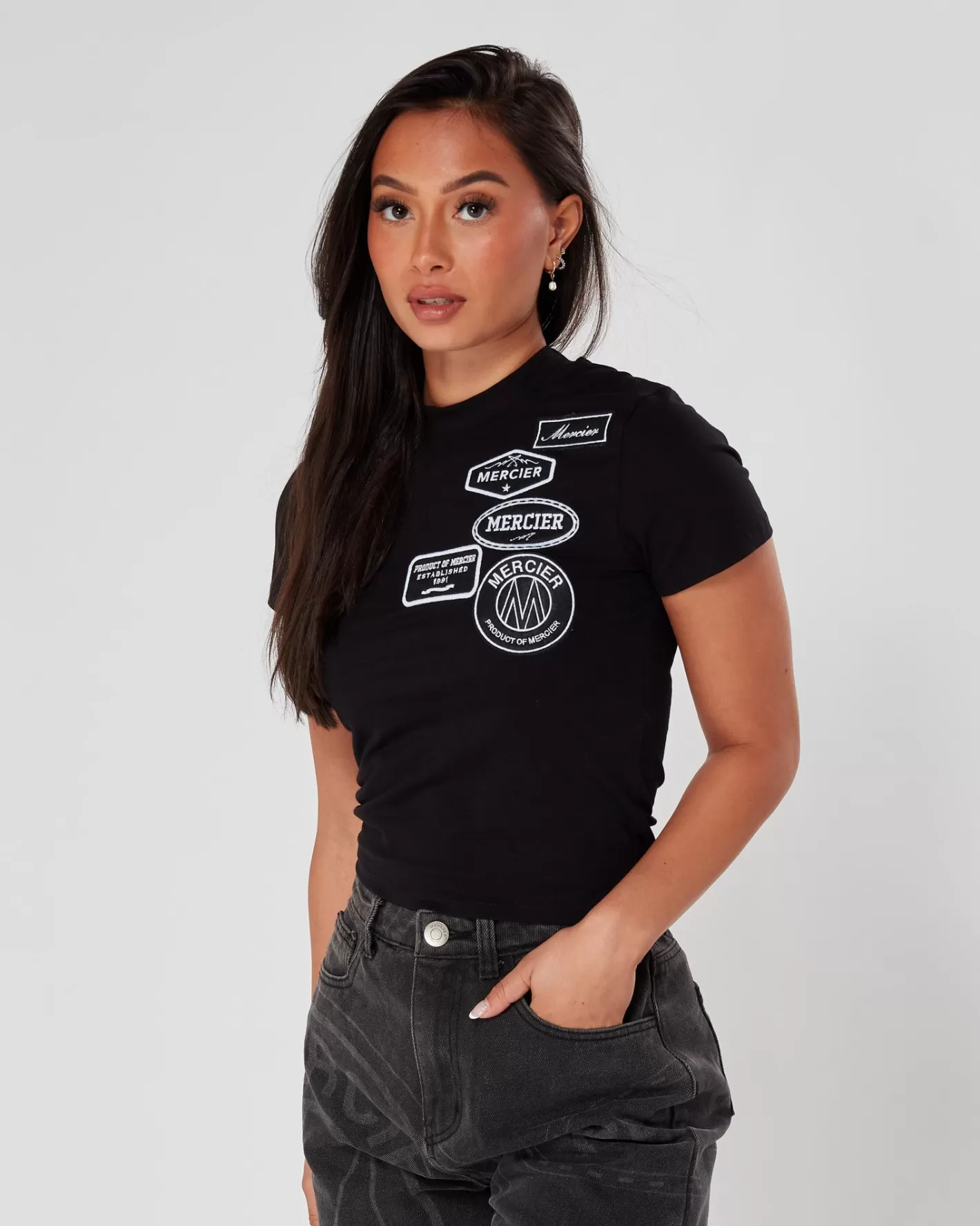 Femme Mercier Hauts Pour Femmes 23<Femmes Noir Mono Badge Tshirt Ajusté